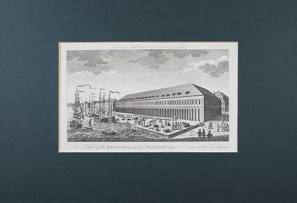 [Вид на биржу и склады в Петербурге в России]. A view of the Exchange and the Warehouses at Petersburg in Russia / Engraved for Middletons Complete system of Geography. [London, 1777—1779].